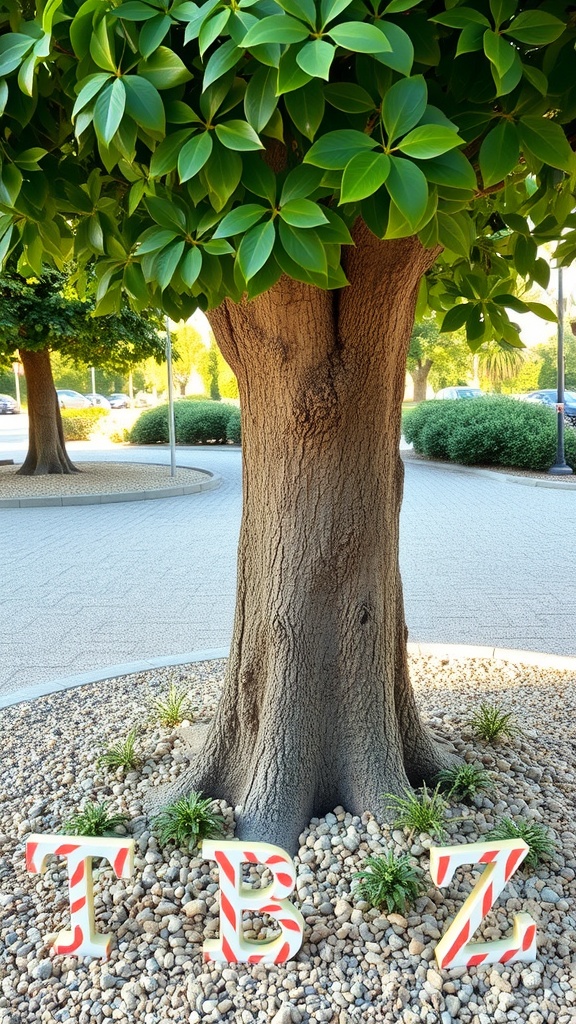 A large tree surrounded by pebbles and decorative letters in bright colors