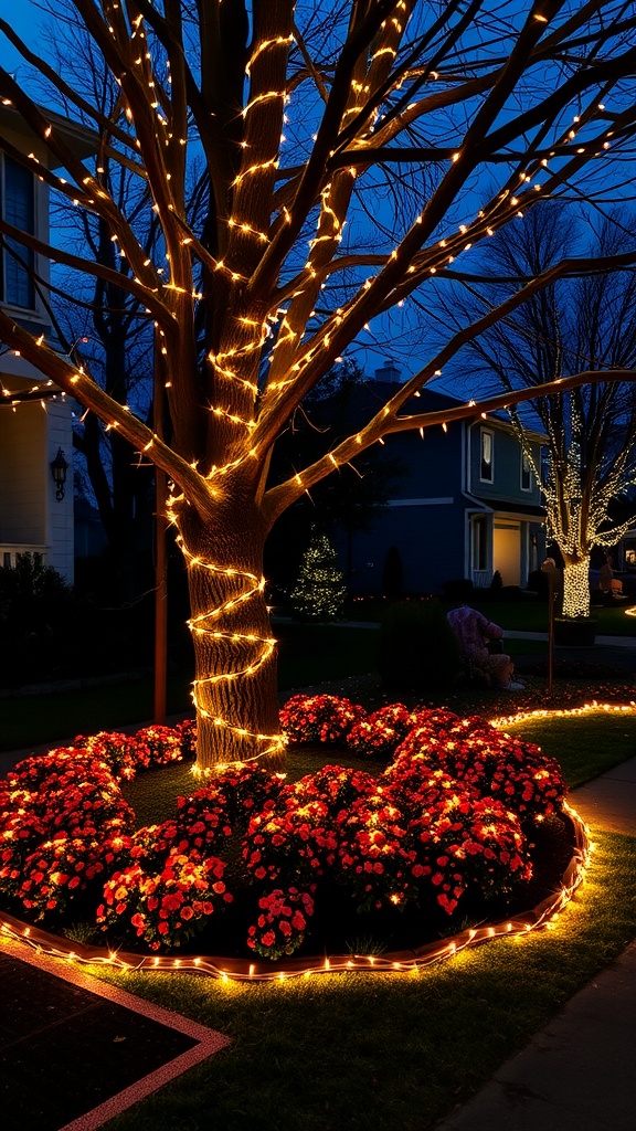 A tree wrapped in warm lights with colorful flowers surrounding its base.
