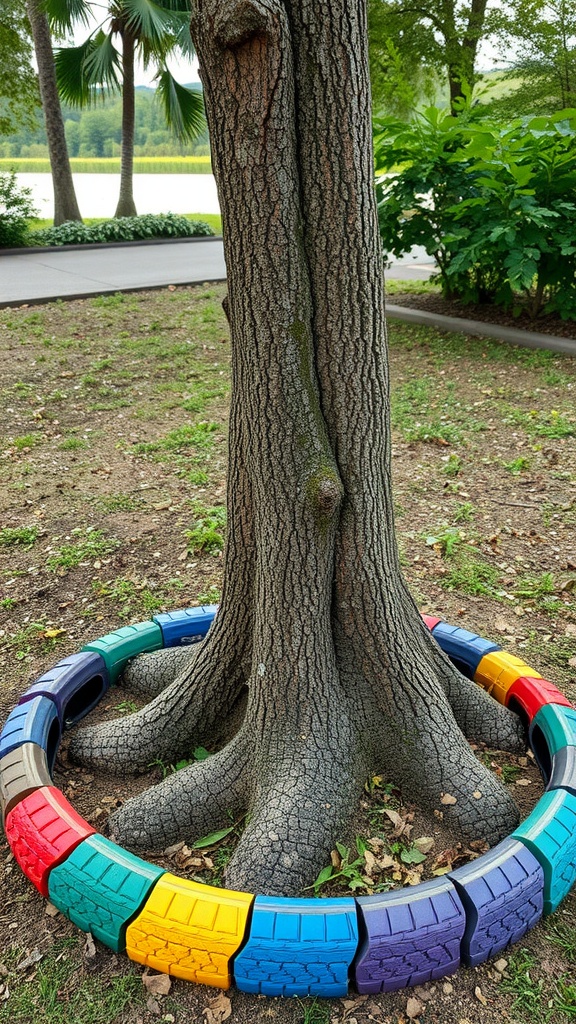 A tree surrounded by colorful recycled tire edging in a park.