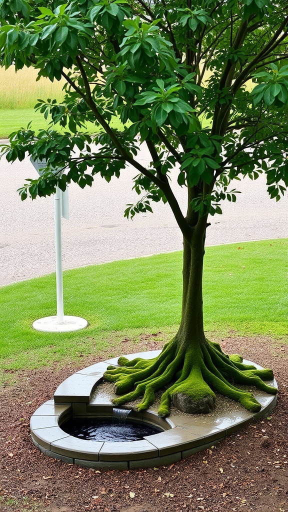 A tree with green leaves surrounded by a circular water feature and stone edging.