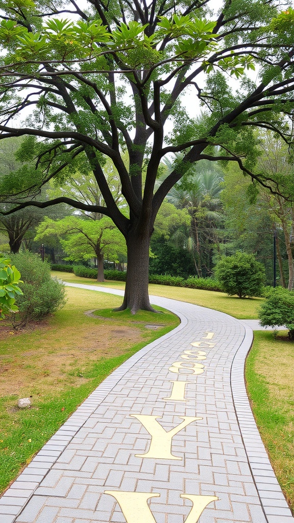 A winding pathway bordered by a large tree and green foliage.