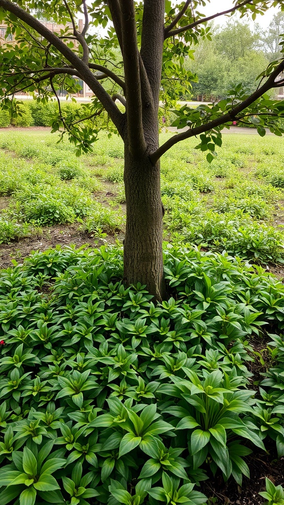 A tree with lush green ground cover plants surrounding its base.