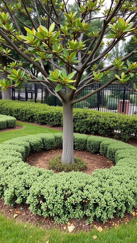 A tree surrounded by low-growing green shrubs forming a circular border.