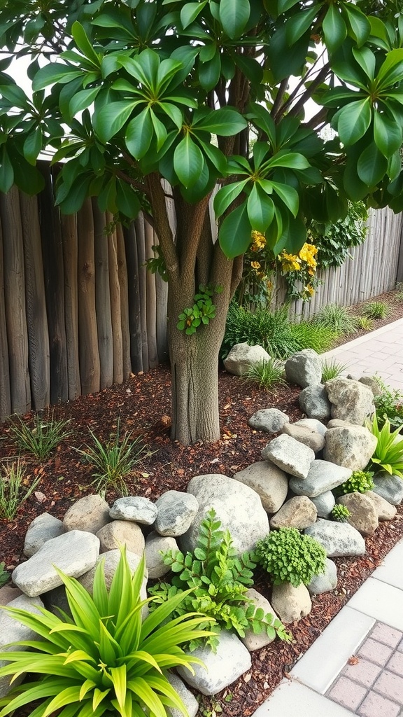A landscaped area around a tree featuring mixed materials like rocks and various plants.
