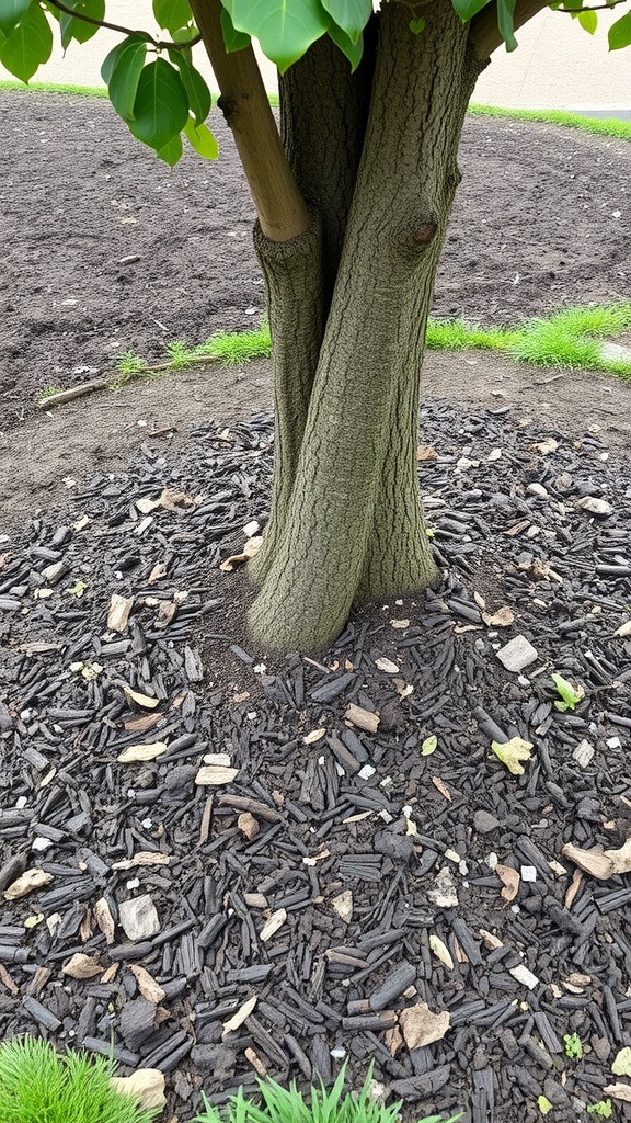 A tree with a thick layer of dark mulch around its base, illustrating moisture retention benefits.