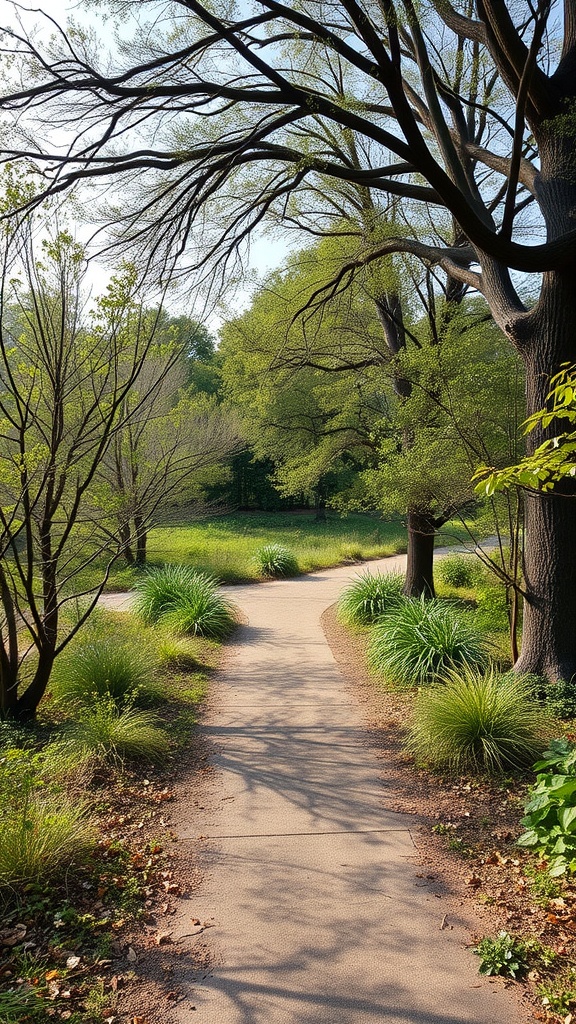 A winding pathway integrated with trees and greenery in a natural setting.