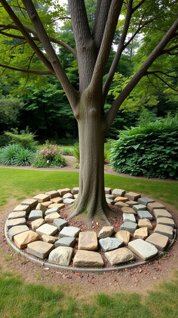 A circular arrangement of natural stones around the base of a tree in a garden.