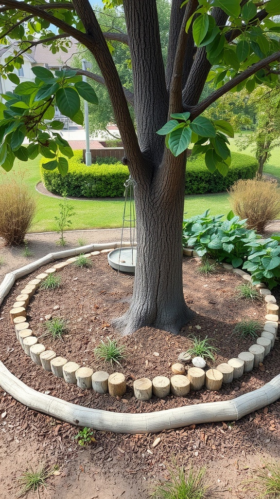 A tree surrounded by a circular wooden border and mulch, enhancing its rustic appeal.