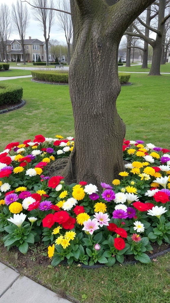 Colorful flowers planted around a tree trunk in a well-maintained garden.