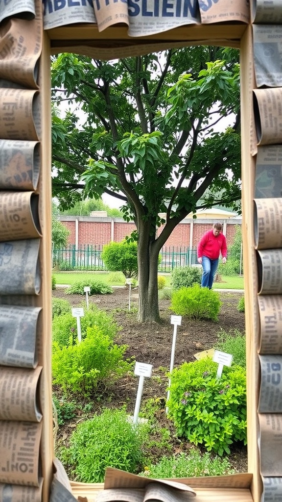 A garden with a tree surrounded by plants, framed by rolled-up newspapers.