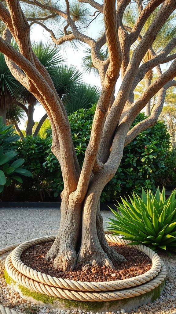 A tree encircled by a thick rope border, surrounded by greenery.