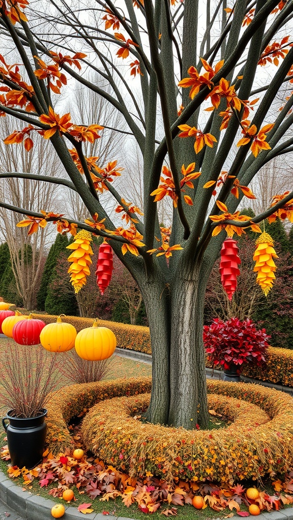 A beautifully decorated tree with autumn leaves, hanging decorations, and colorful pumpkins around it.