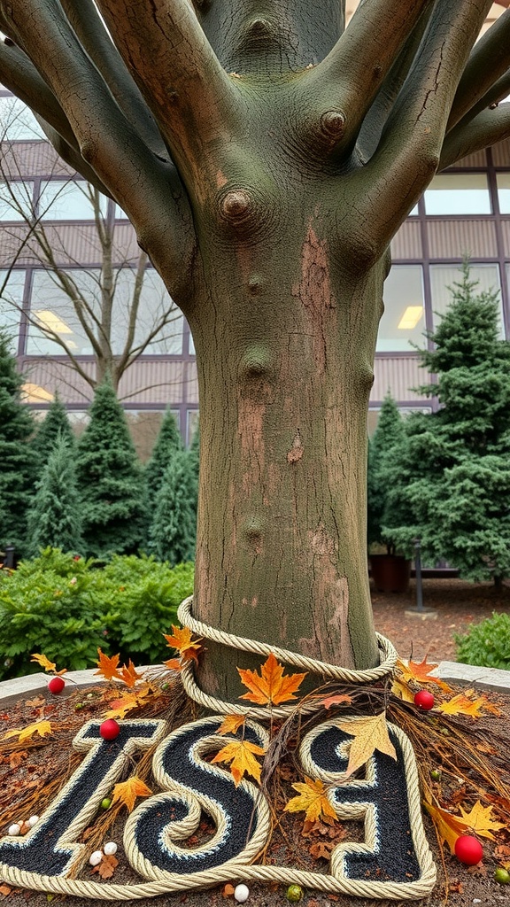 Decorative edging around a tree featuring fall leaves and a rope design