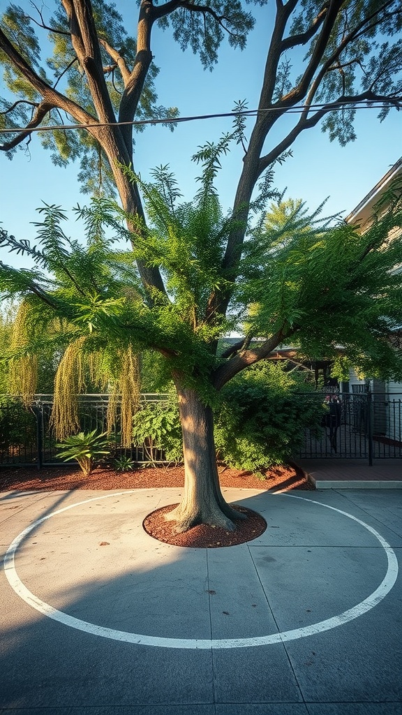A tree framed by a circular white concrete edge in a landscaped area.