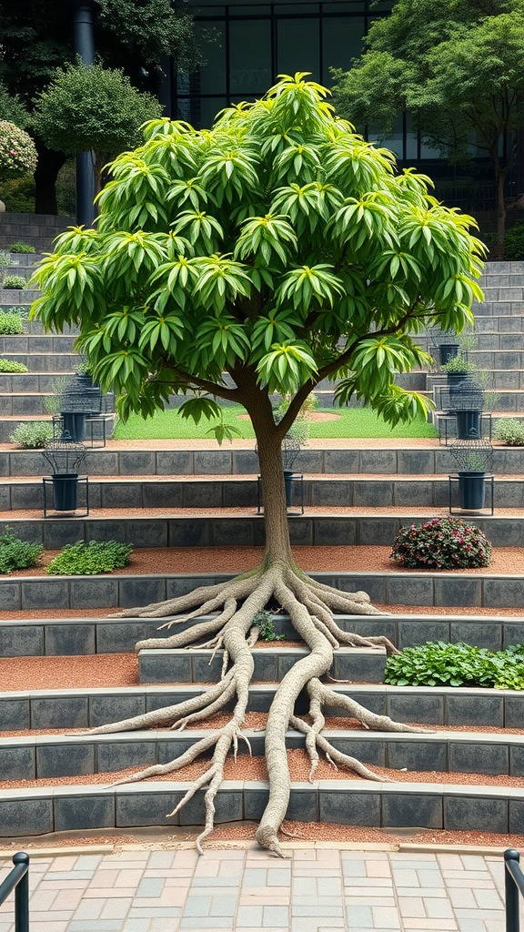 A tree with exposed roots surrounded by terraced landscaping