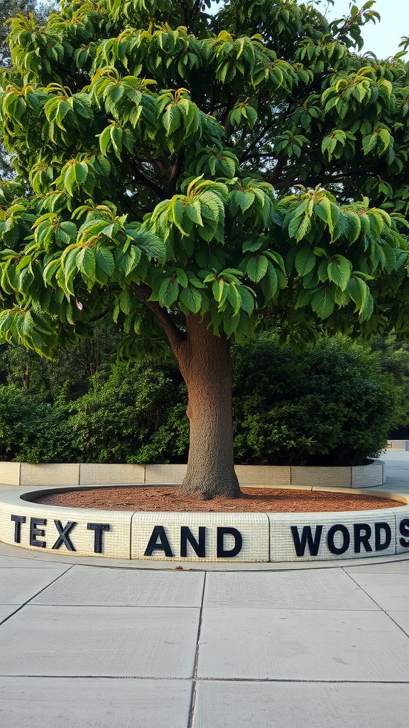 A lush green tree surrounded by textured concrete edging with the words 'TEXT AND WORDS' displayed.