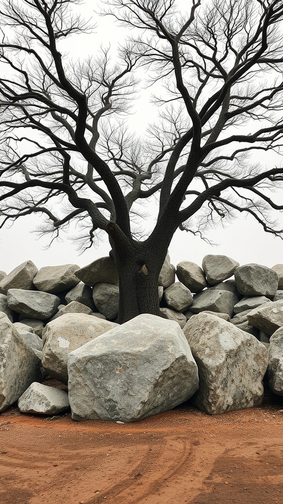 A leafless tree surrounded by large boulders, showcasing a natural barrier.