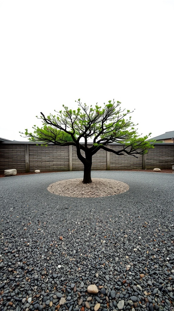 A serene Zen garden featuring a central tree surrounded by gravel.