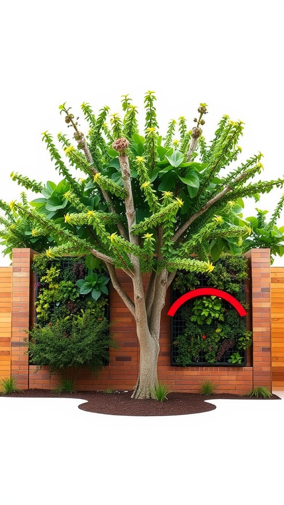 A tree surrounded by vertical garden walls, showcasing vibrant greenery.