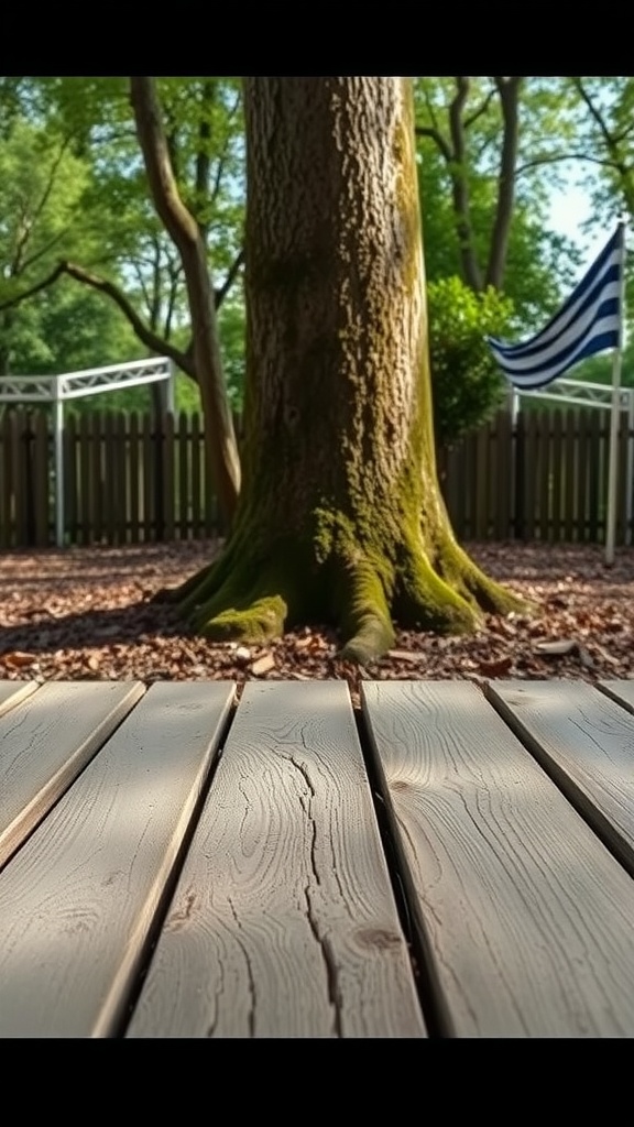 Image of a large tree with a wooden deck in the foreground, showcasing a rustic outdoor space.