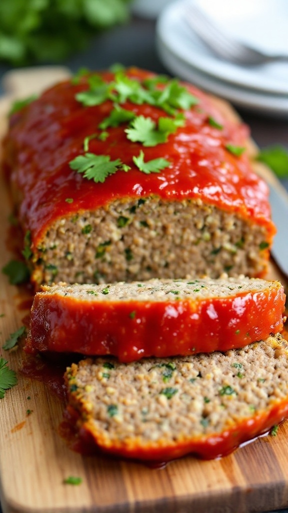 Sliced Italian Zucchini Meatloaf with marinara sauce and parsley on a wooden board.