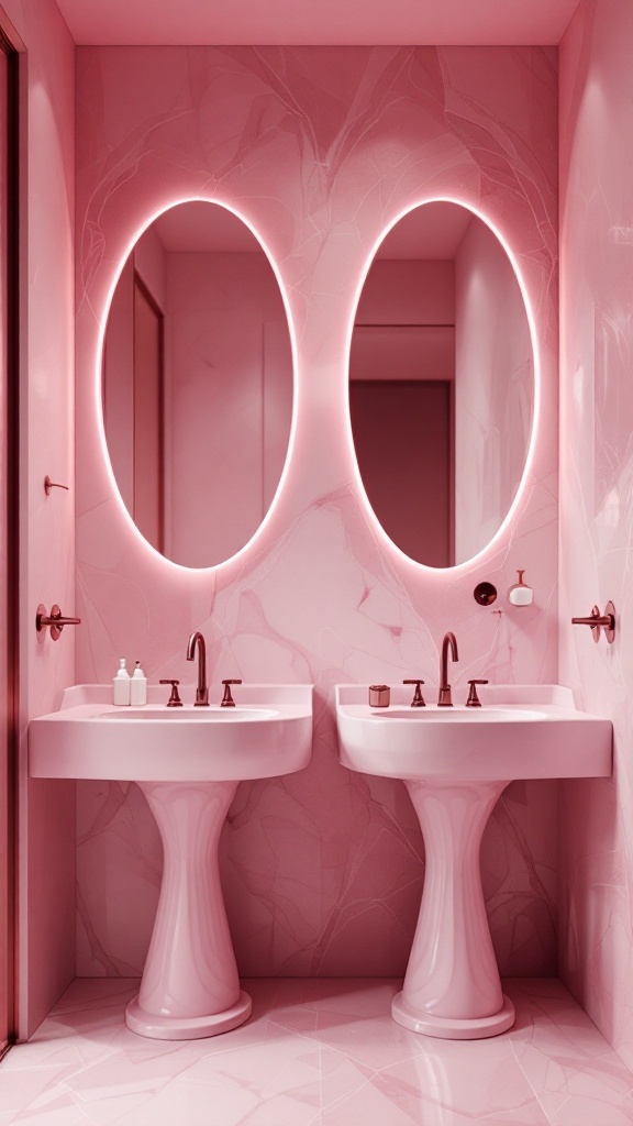 Two artistic pink sinks with oval mirrors in a pastel pink bathroom