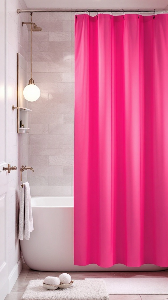 A bathroom featuring a bold hot pink shower curtain, modern fixtures, and soft tile