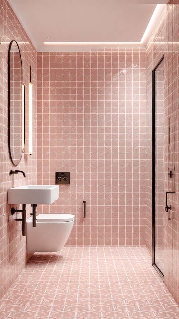 Chic pink bathroom with patterned tiles and modern fixtures.