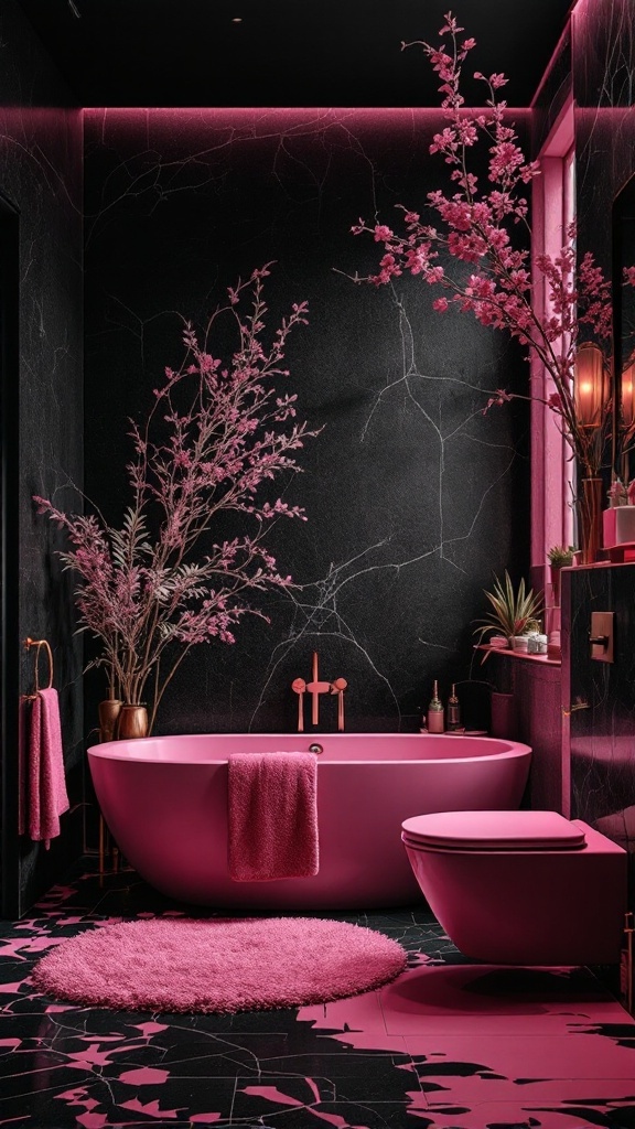 A stylish pink bathroom featuring a pink bathtub, pink accessories, and dark black walls with floral decor.