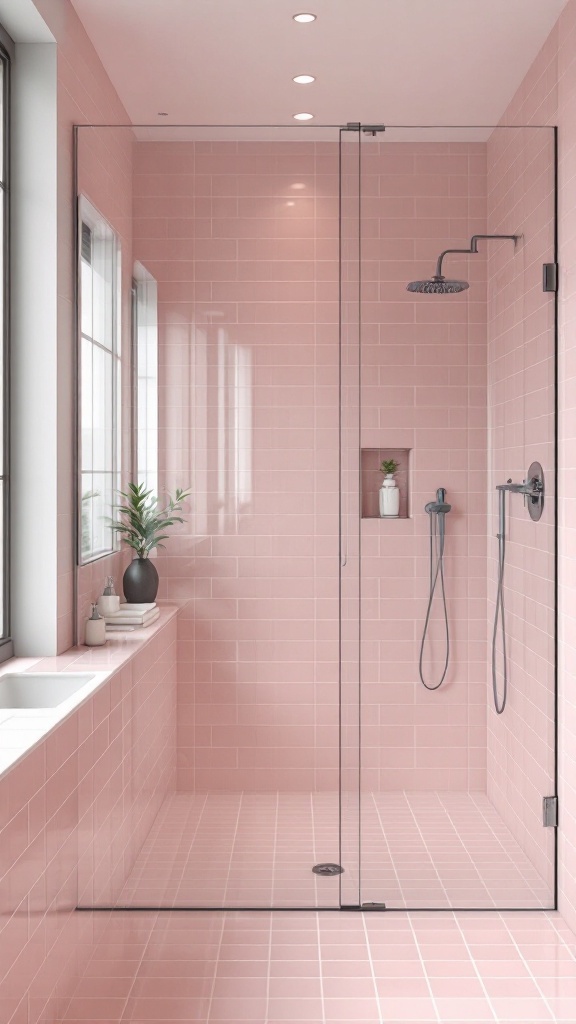 A modern pink tiled shower with glass doors, featuring a rain showerhead and a small potted plant.