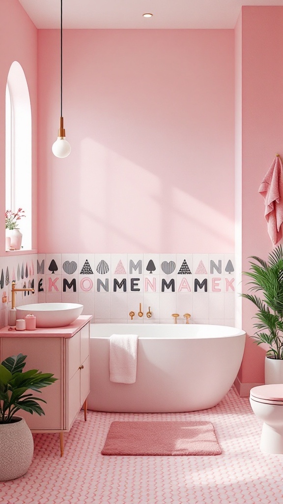 A pink bathroom featuring playful patterned tiles, a sleek bathtub, and greenery