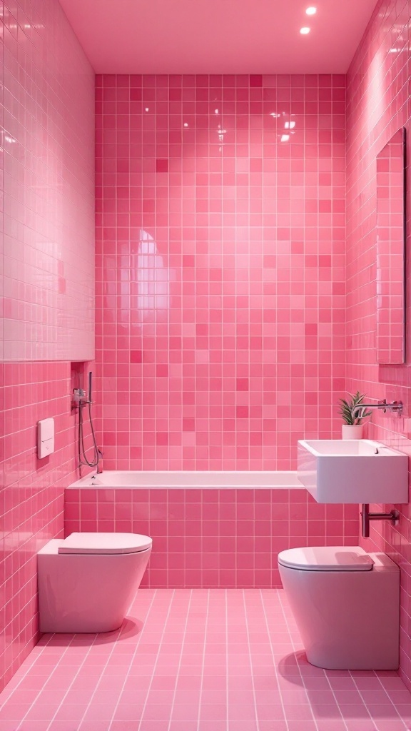 A bright pink tiled bathroom with a white sink and toilet, featuring a small plant.