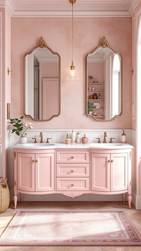 A pastel pink bathroom vanity with gold fixtures and mirrors