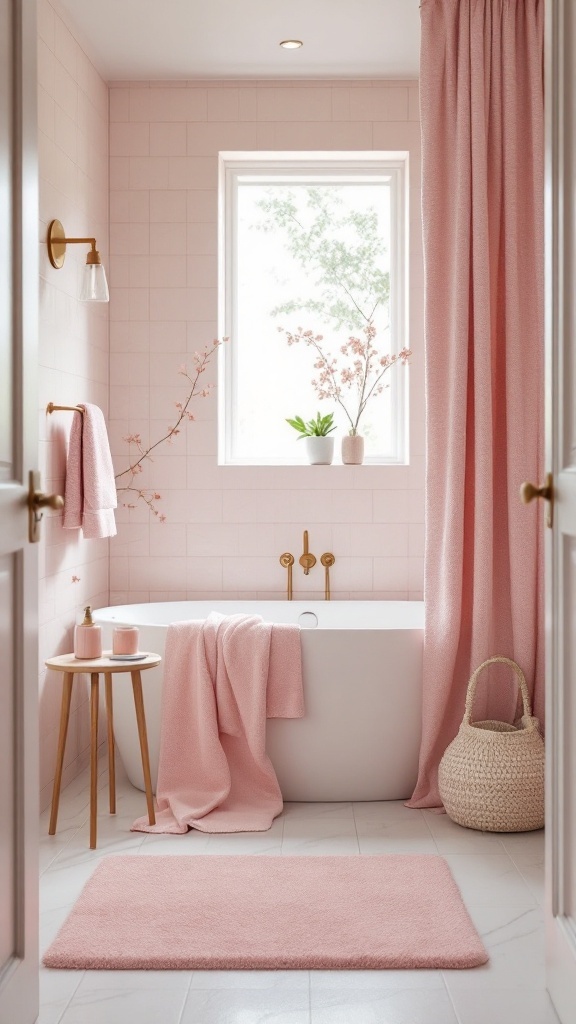 A pink-themed bathroom featuring a bathtub, pink accessories, and natural decor elements.