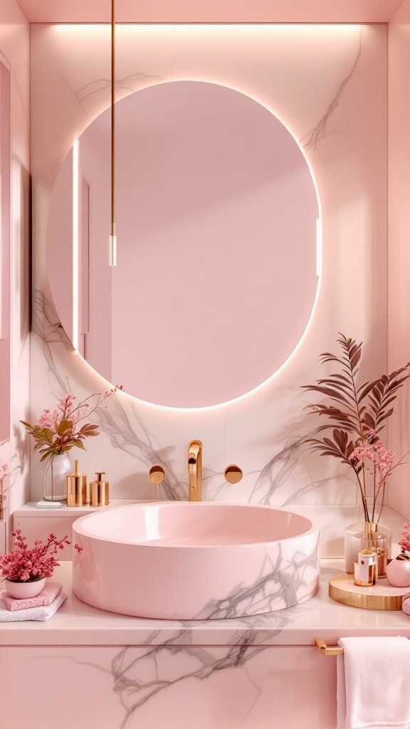 A stylish pink bathroom with gold accents featuring a round mirror, pink sink, and decorative flowers