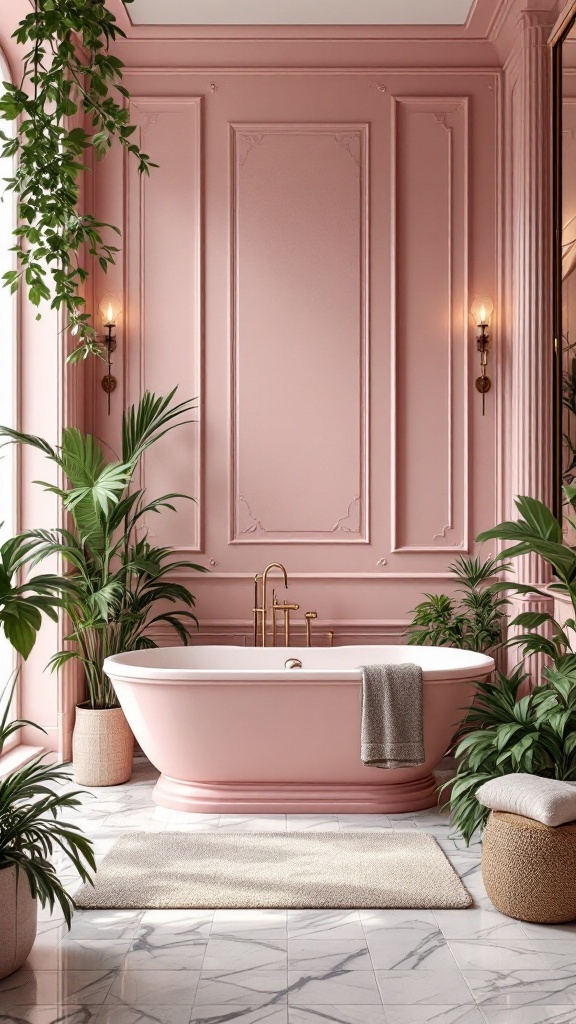 A pink bathtub in a stylish bathroom with pink walls and green plants.