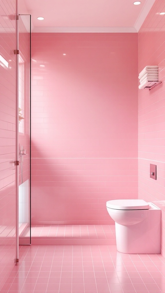 A pink tiled bathroom with matching fixtures and a glass shower.