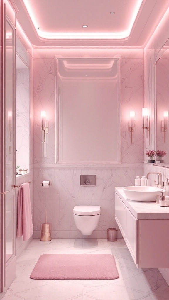 Elegant pink bathroom with soft lighting fixtures and marble accents.