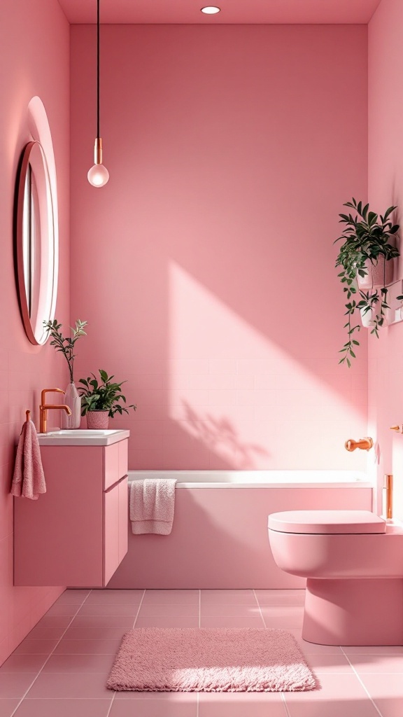 A pink bathroom featuring soft pink walls, bathtub, and accessories, with plants and light fixtures adding charm.