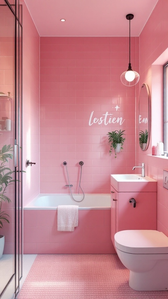 A contemporary bathroom featuring pink tiles and retro accents with plants and modern fixtures.