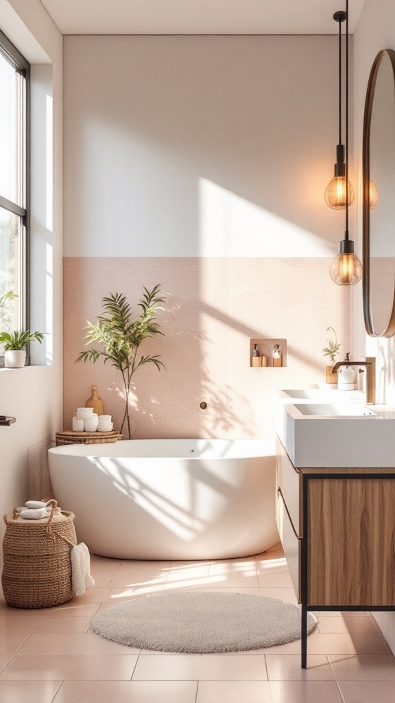 Stylish bathroom featuring soft blush accents, a round bathtub, and natural light