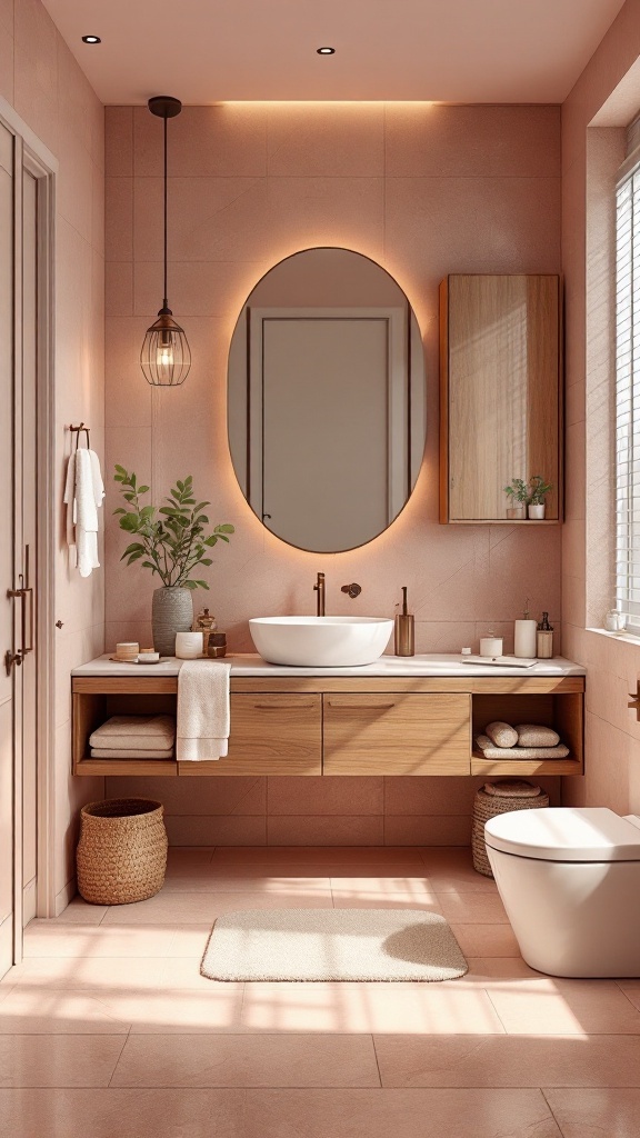 A soft rose-toned bathroom featuring natural wood accents, elegant lighting, and plants for a cozy feel.