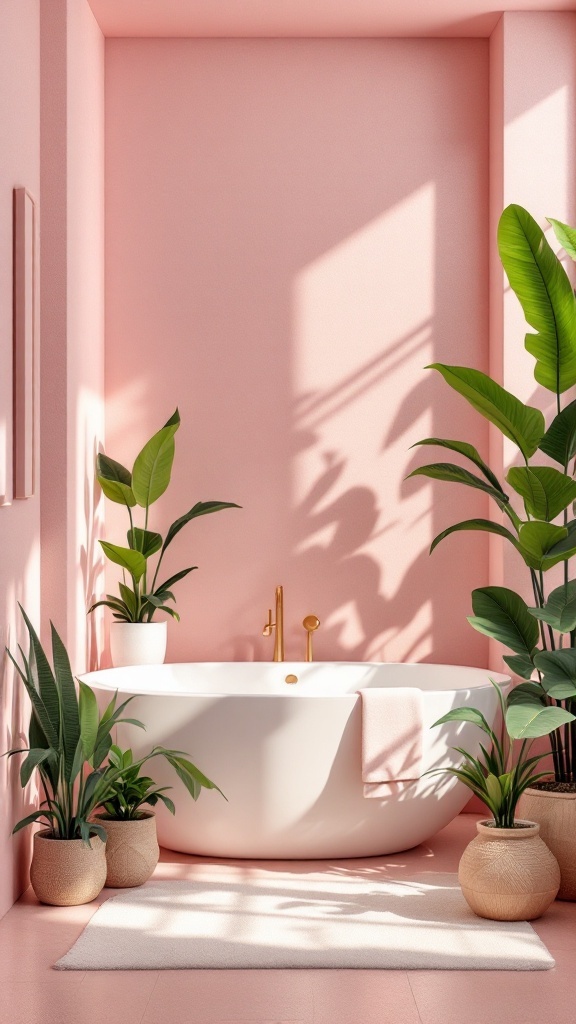 A pink bathroom with a white bathtub and green plants in natural light.