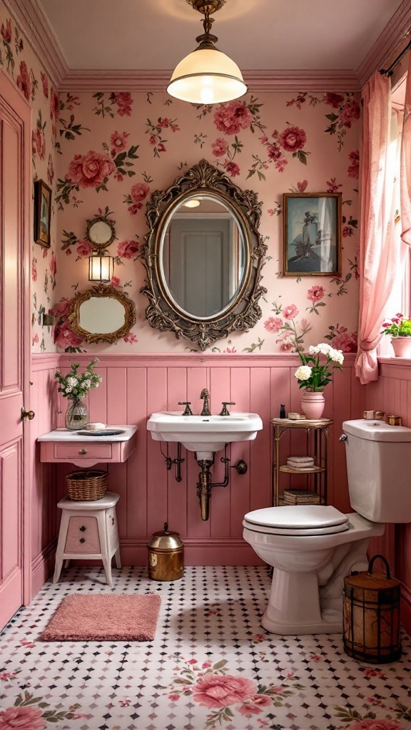 A vintage-style pink bathroom with floral wallpaper and elegant fixtures.