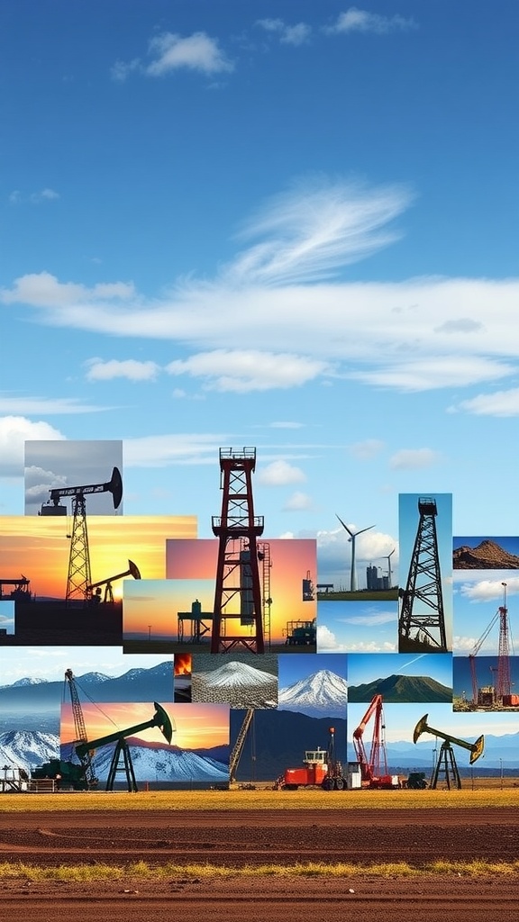 A collage of oil rigs and landscapes representing the oil industry.