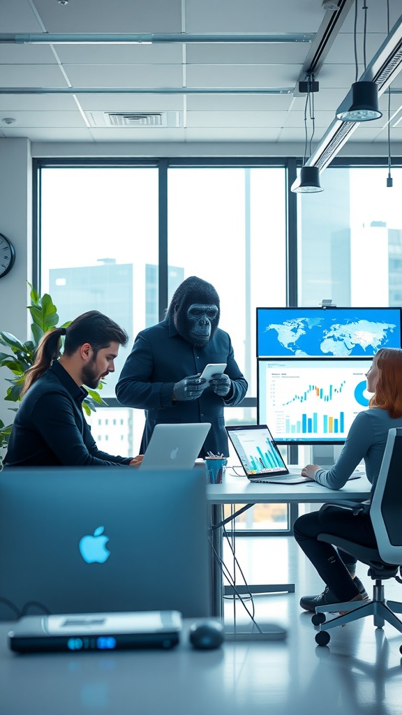 A gorilla in a business suit stands in a modern office, interacting with colleagues who are working on laptops, with data visuals displayed on screens.