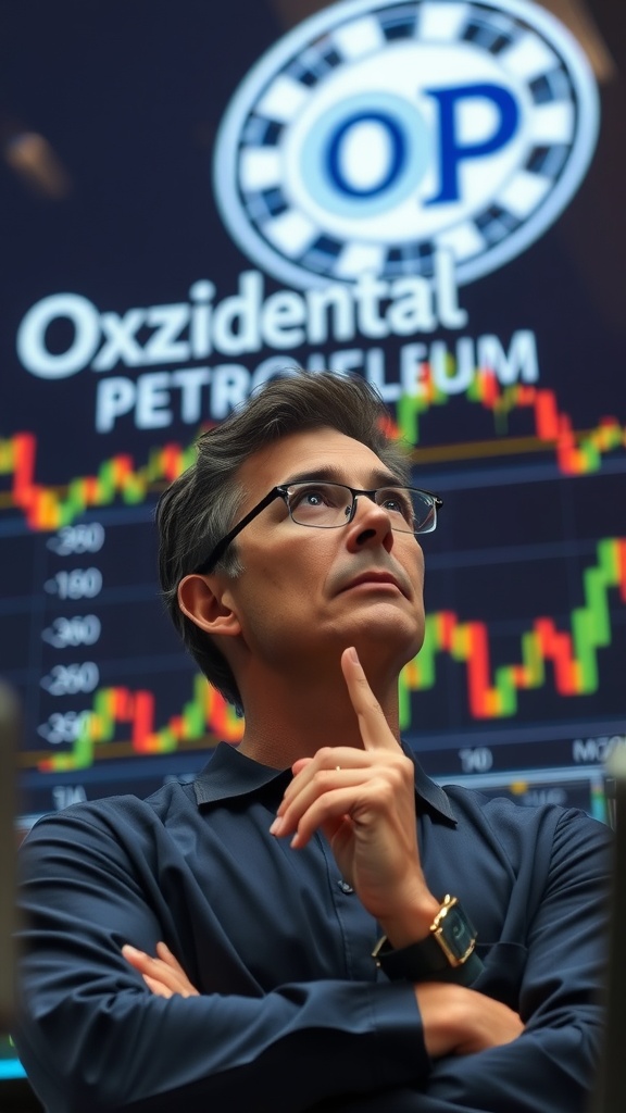 A thoughtful person in front of a display showing Occidental Petroleum stock performance and logo.