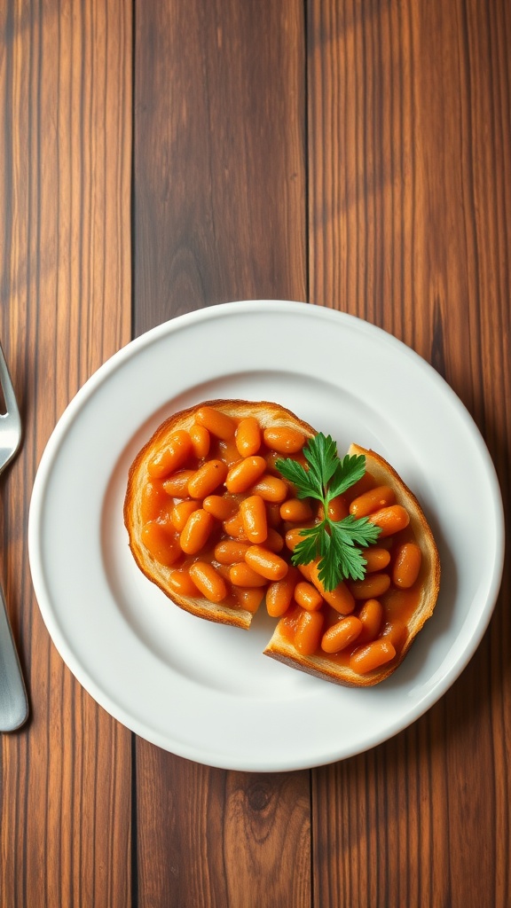 A plate of baked beans on toast garnished with parsley