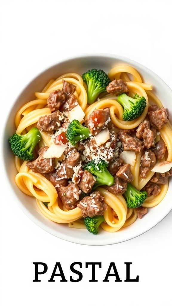 A bowl of beef and broccoli pasta.
