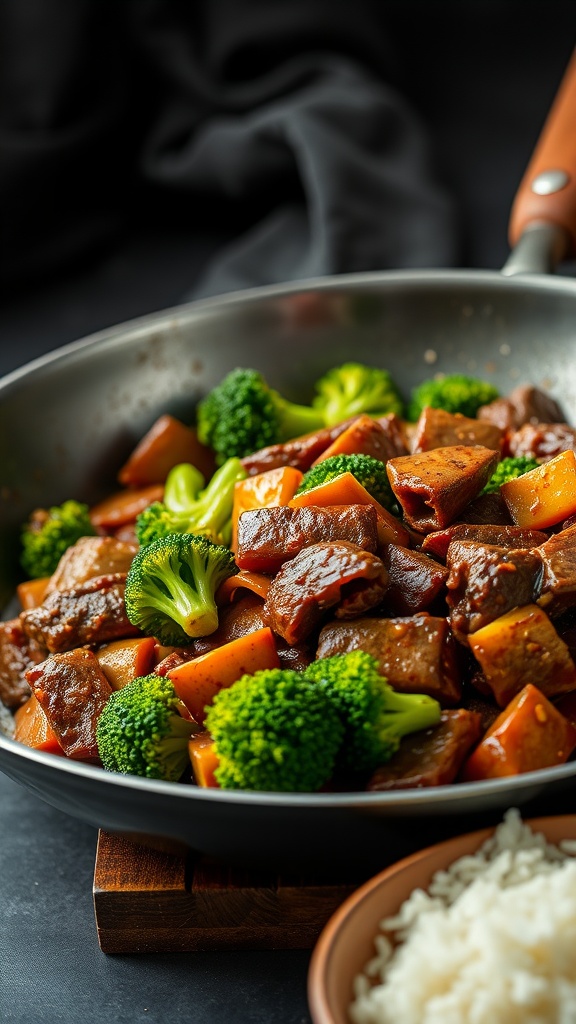 A delicious beef and broccoli stir-fry dish served with rice.